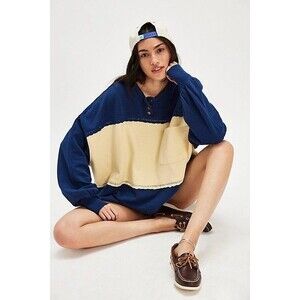 Free People Strawberry Sweatshirt Top Pullover Colorblock Ribbed Blue S 284051
